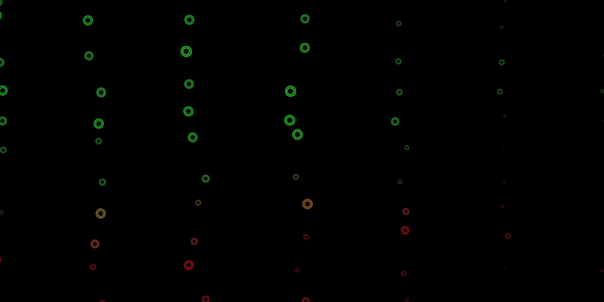 donkergroene, rode vector achtergrond met covid-19 symbolen.