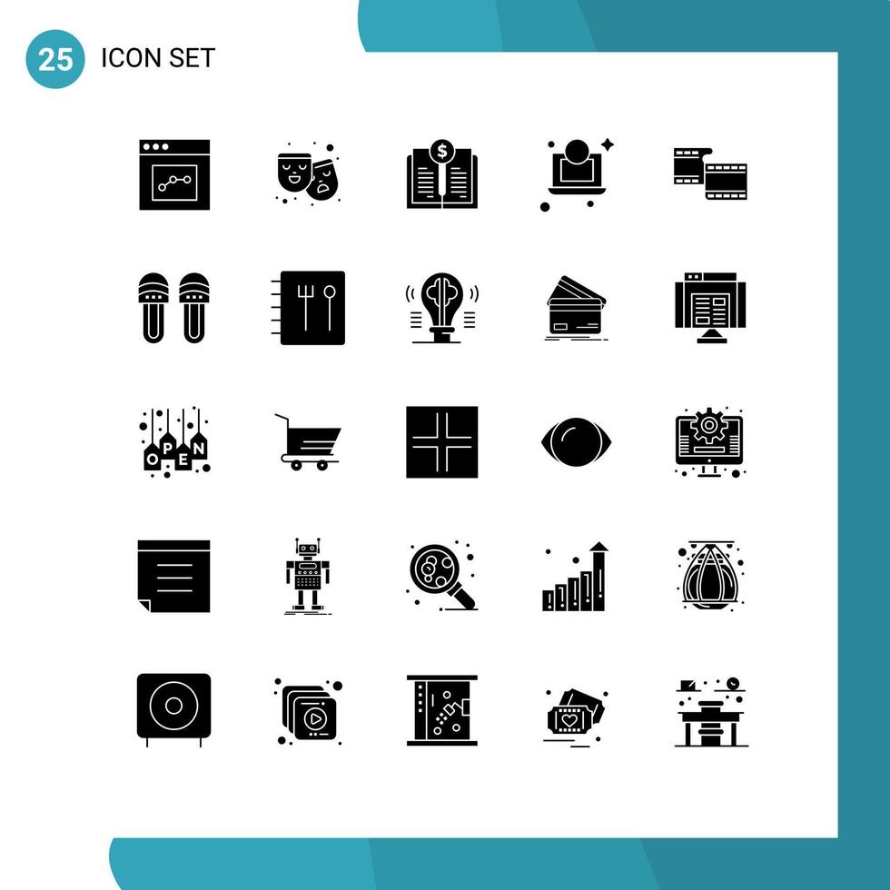 modern reeks van 25 solide glyphs pictogram van video film boek geld laptop bewerkbare vector ontwerp elementen