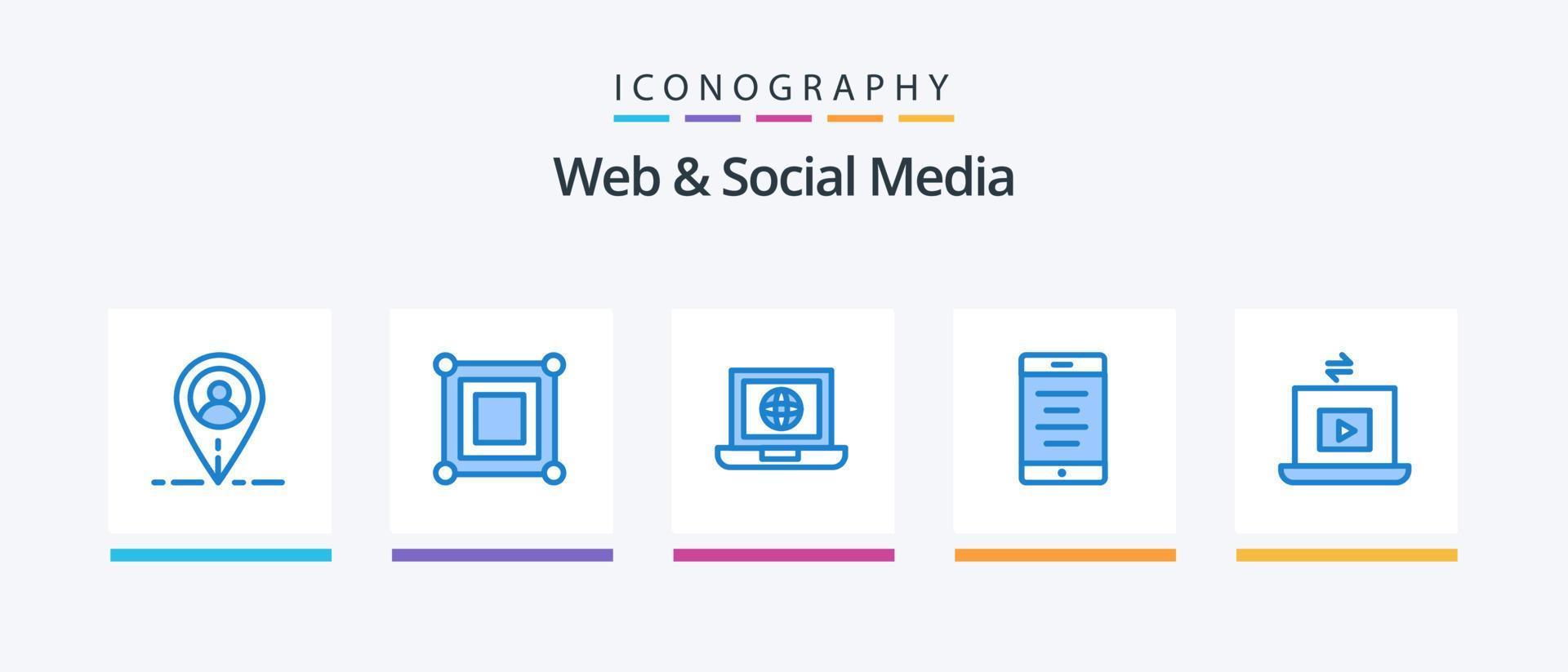 web en sociaal media blauw 5 icoon pak inclusief Speel. video. wereld. laptop. tekst. creatief pictogrammen ontwerp vector