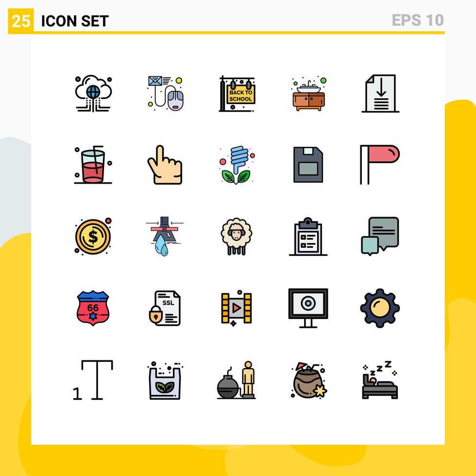 groep van 25 gevulde lijn vlak kleuren tekens en symbolen voor naar beneden meubilair brief badkamer hangende teken bewerkbare vector ontwerp elementen
