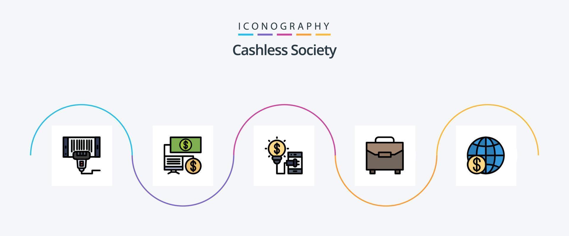 zonder contant geld maatschappij lijn gevulde vlak 5 icoon pak inclusief tas. poort. digitaal. technologie vector