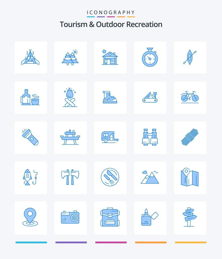 creatief toerisme en buitenshuis recreatie 25 blauw icoon pak zo net zo kajak. boot. gebouw. hotel. timer vector