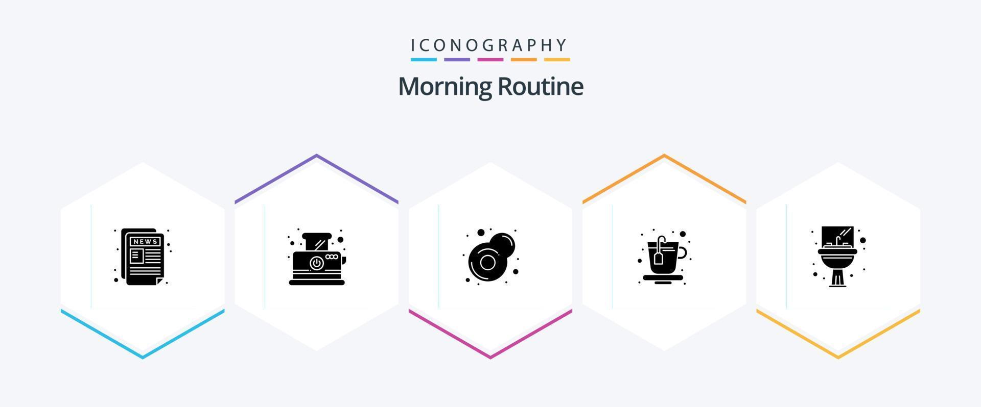 ochtend- routine- 25 glyph icoon pak inclusief spiegel. wasbak. ontbijt. badkamer. drinken vector