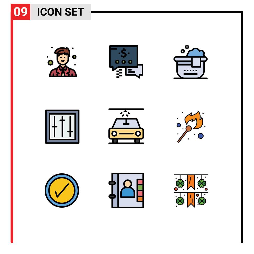 9 universeel gevulde lijn vlak kleuren reeks voor web en mobiel toepassingen brand auto bad producten elektronica bewerkbare vector ontwerp elementen