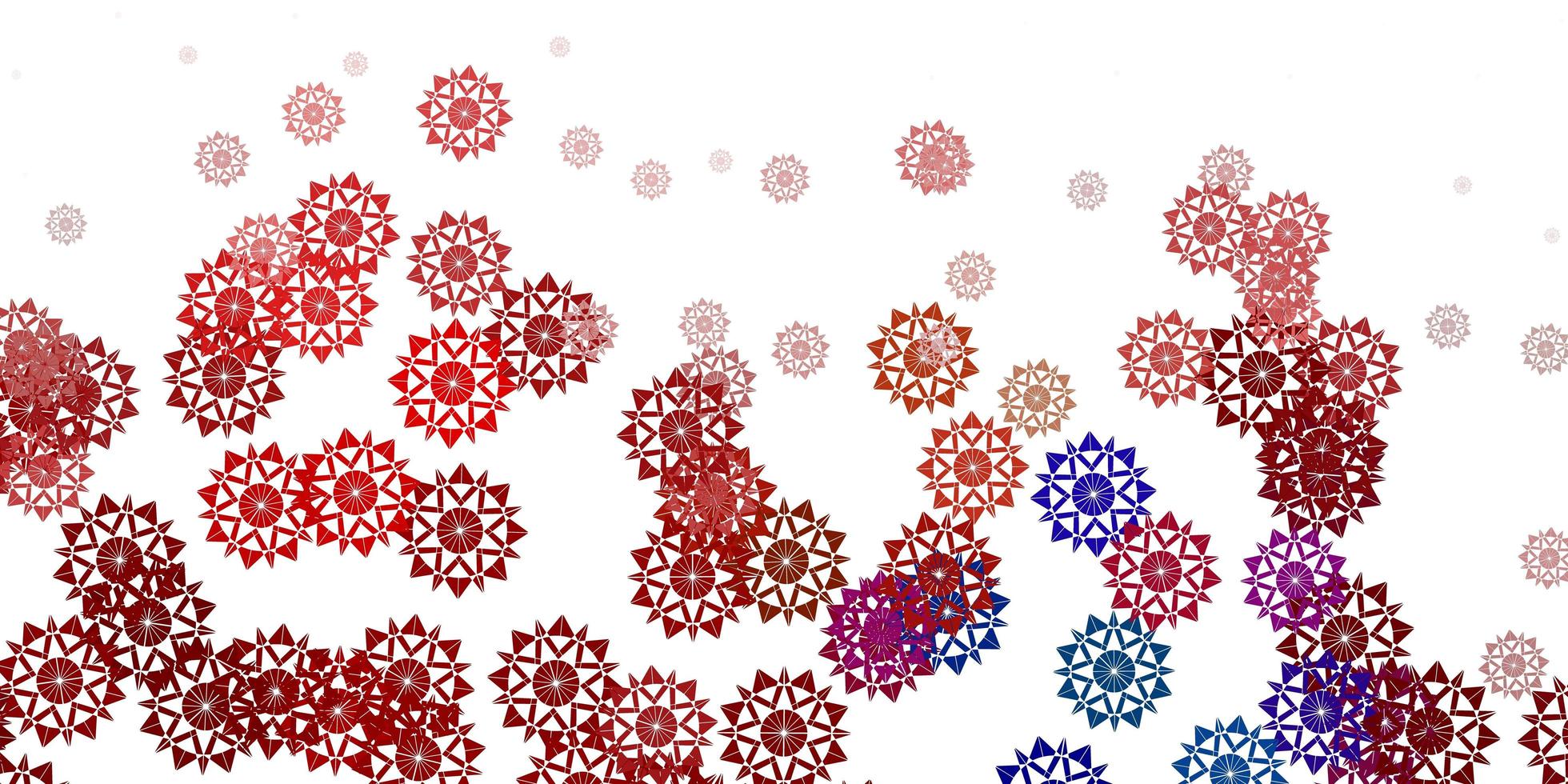 lichtblauwe, rode vectorachtergrond met Kerstmissneeuwvlokken. vector