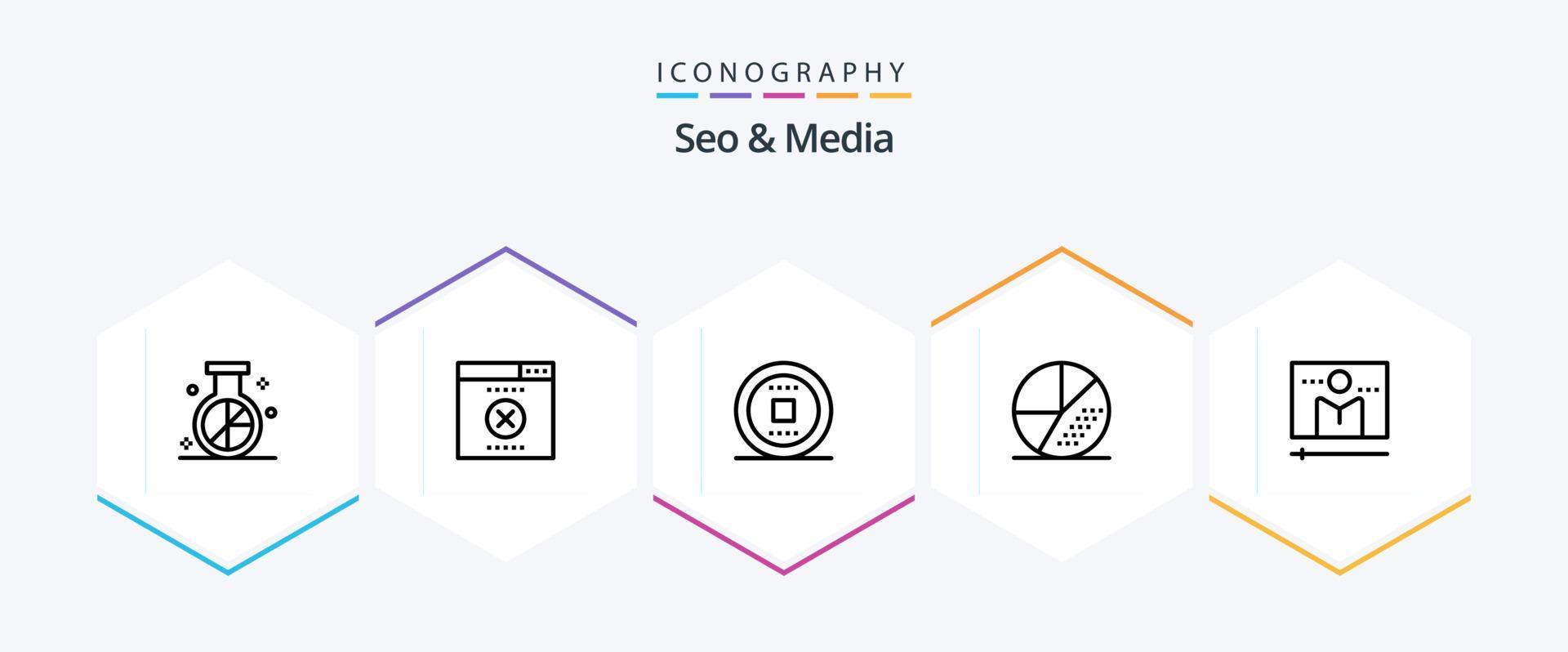 seo en media 25 lijn icoon pak inclusief uitzending. zoeken. controle. optimalisatie. motor vector