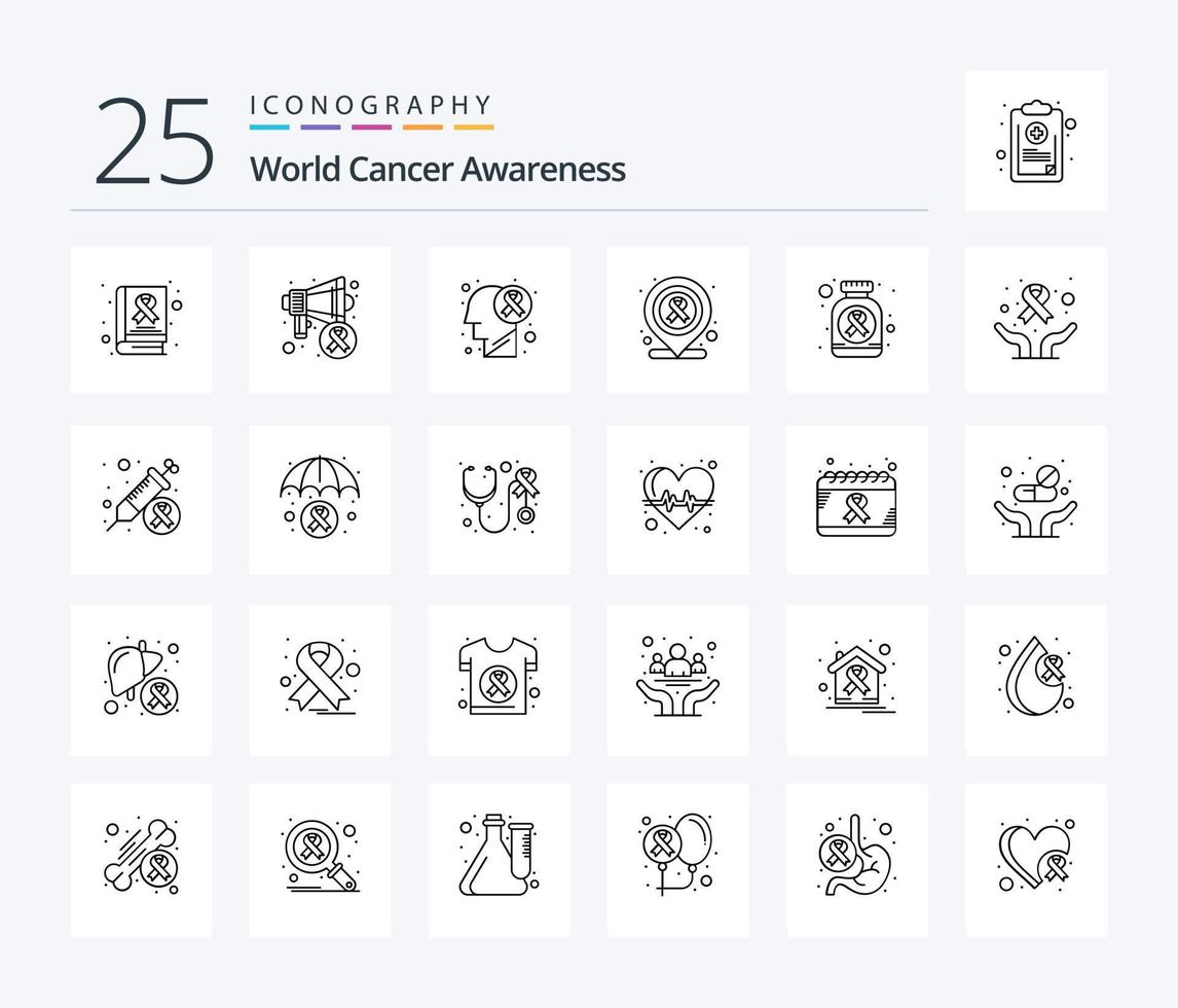 wereld kanker bewustzijn 25 lijn icoon pak inclusief pillen. fles. hersenen ziekte. medisch. ziekenhuis vector