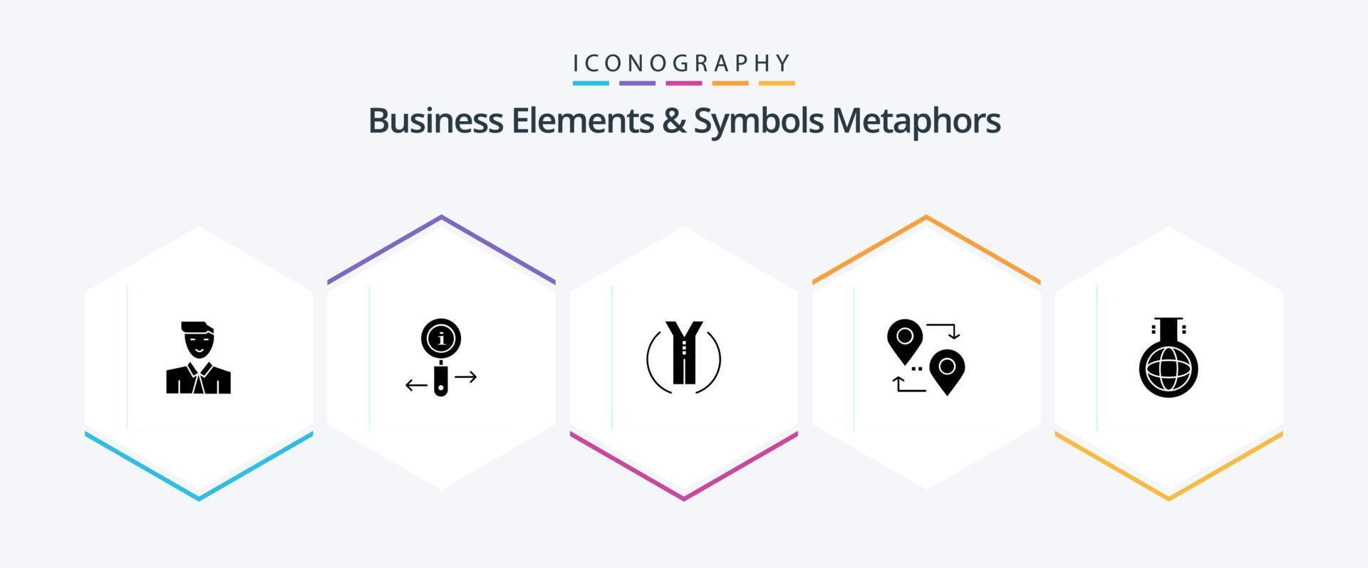 bedrijf elementen en symbolen metaforen 25 glyph icoon pak inclusief chemisch. wijzer. zoeken. kaart. plaats vector