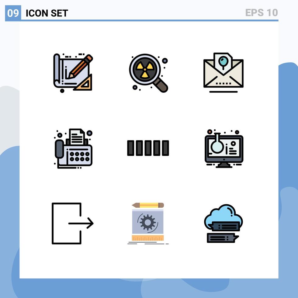 reeks van 9 reclame gevulde lijn vlak kleuren pak voor telefoon apparaat envelop fax verbinding bewerkbare vector ontwerp elementen