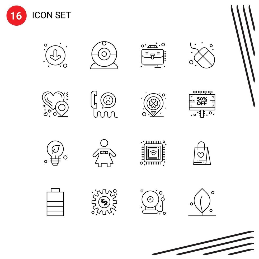 reeks van 16 modern ui pictogrammen symbolen tekens voor emotie liefde plaats geval liefde muis bewerkbare vector ontwerp elementen