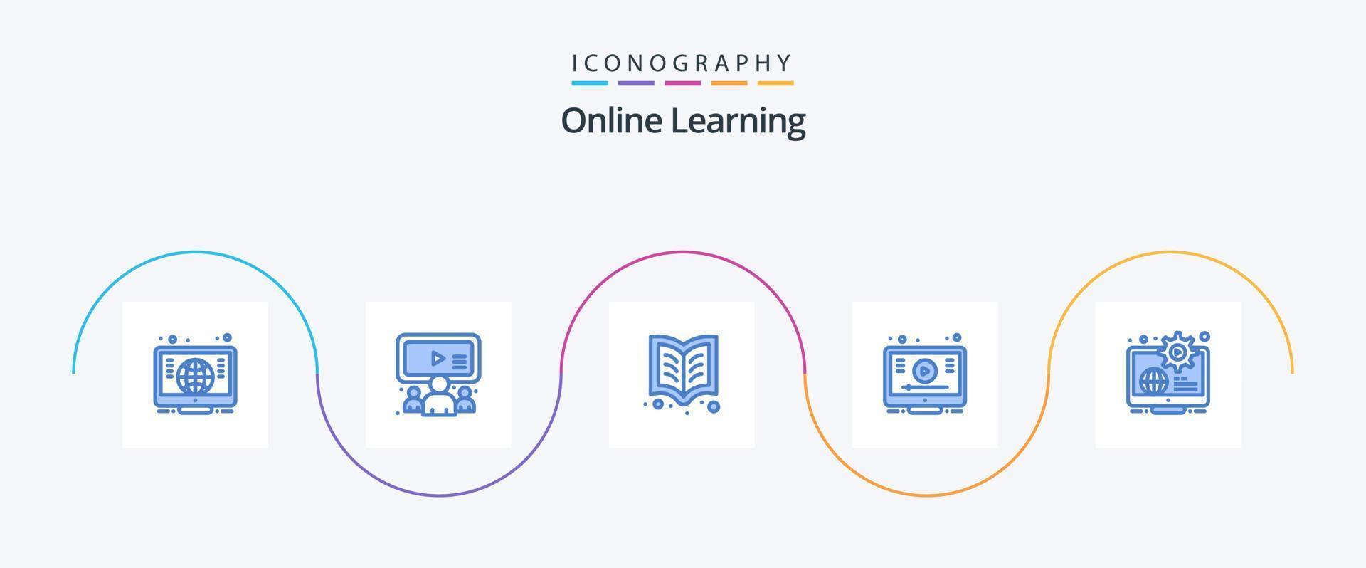 online aan het leren blauw 5 icoon pak inclusief inhoud. wereldbol. boek. youtube. online vector