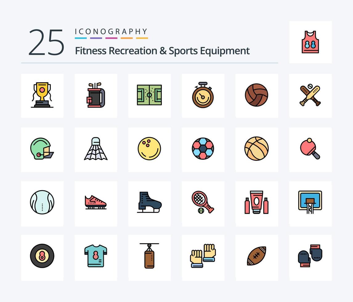 geschiktheid recreatie en sport- uitrusting 25 lijn gevulde icoon pak inclusief tijd. sport. stok. klok. toonhoogte vector