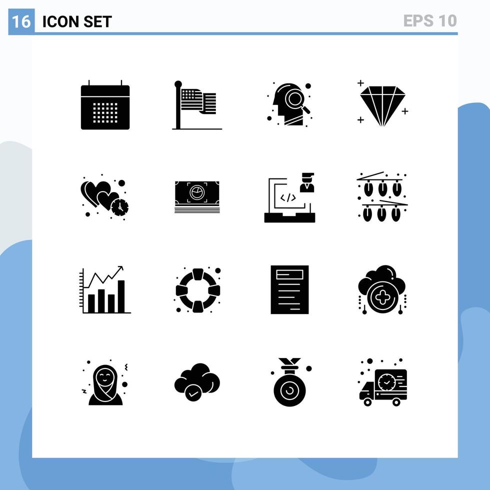 16 thematisch vector solide glyphs en bewerkbare symbolen van hart gebruiker Verenigde Staten van Amerika juweel zoeken bewerkbare vector ontwerp elementen