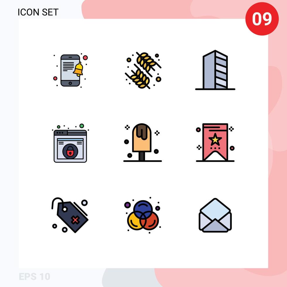 9 universeel gevulde lijn vlak kleuren reeks voor web en mobiel toepassingen toetje veiligheid bouw web ontwerp bewerkbare vector ontwerp elementen