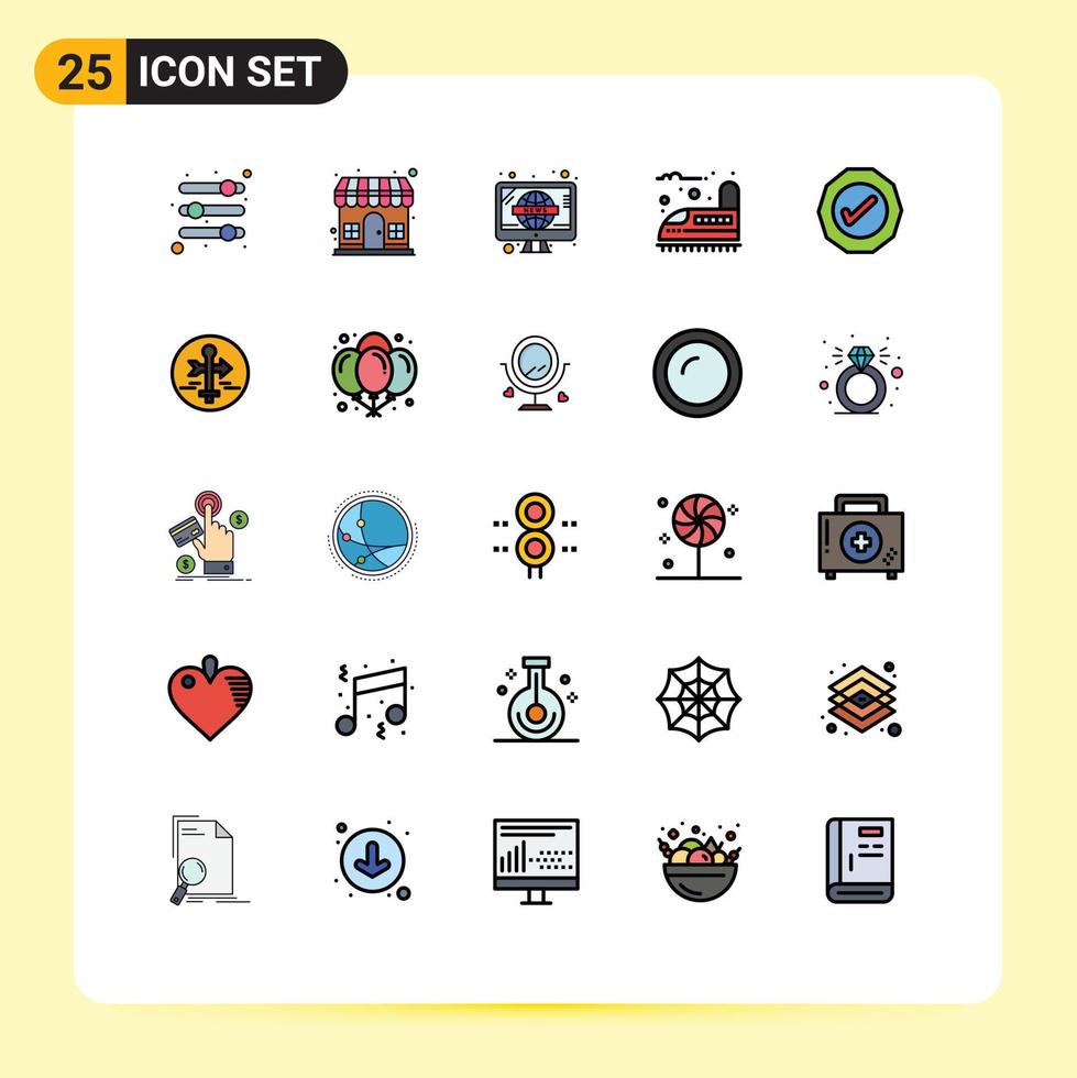 25 gevulde lijn vlak kleur concept voor websites mobiel en apps logistiek trein pakhuis spoorweg TV bewerkbare vector ontwerp elementen