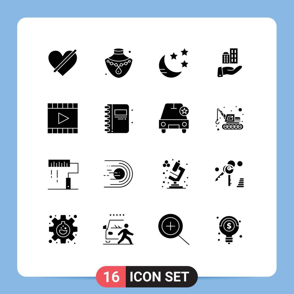 universeel icoon symbolen groep van 16 modern solide glyphs van multimedia media halve maan duurzame bedrijf bewerkbare vector ontwerp elementen
