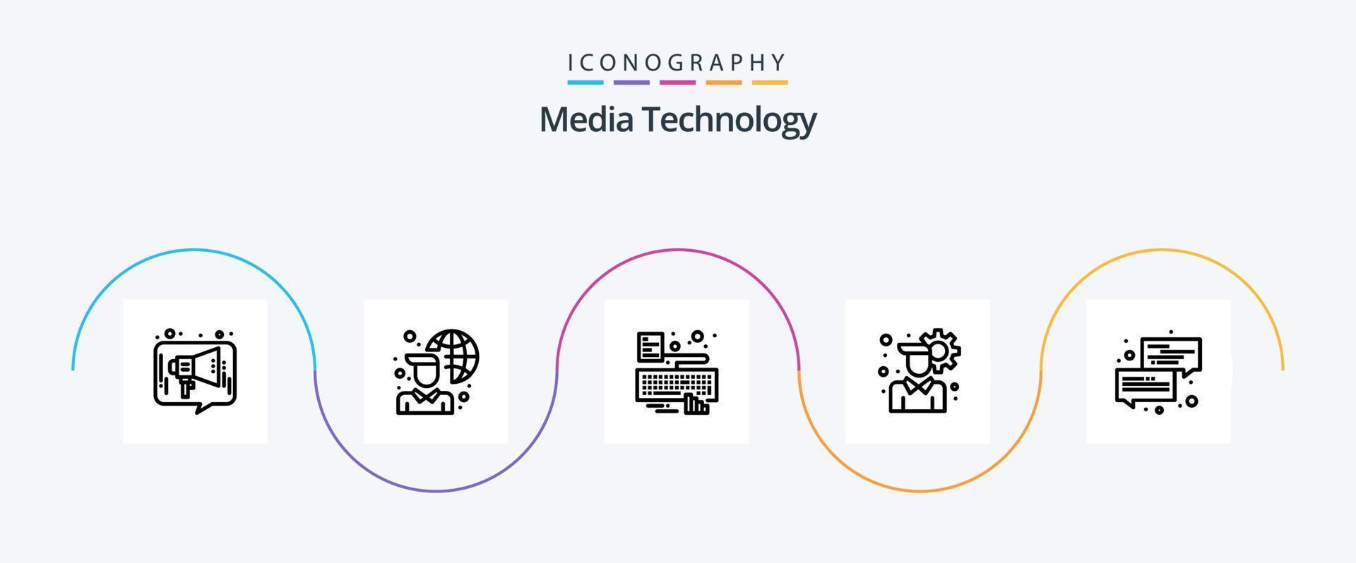media technologie lijn 5 icoon pak inclusief gesprek. gebruiker instelling. netwerk. configuratie. vastmaken vector