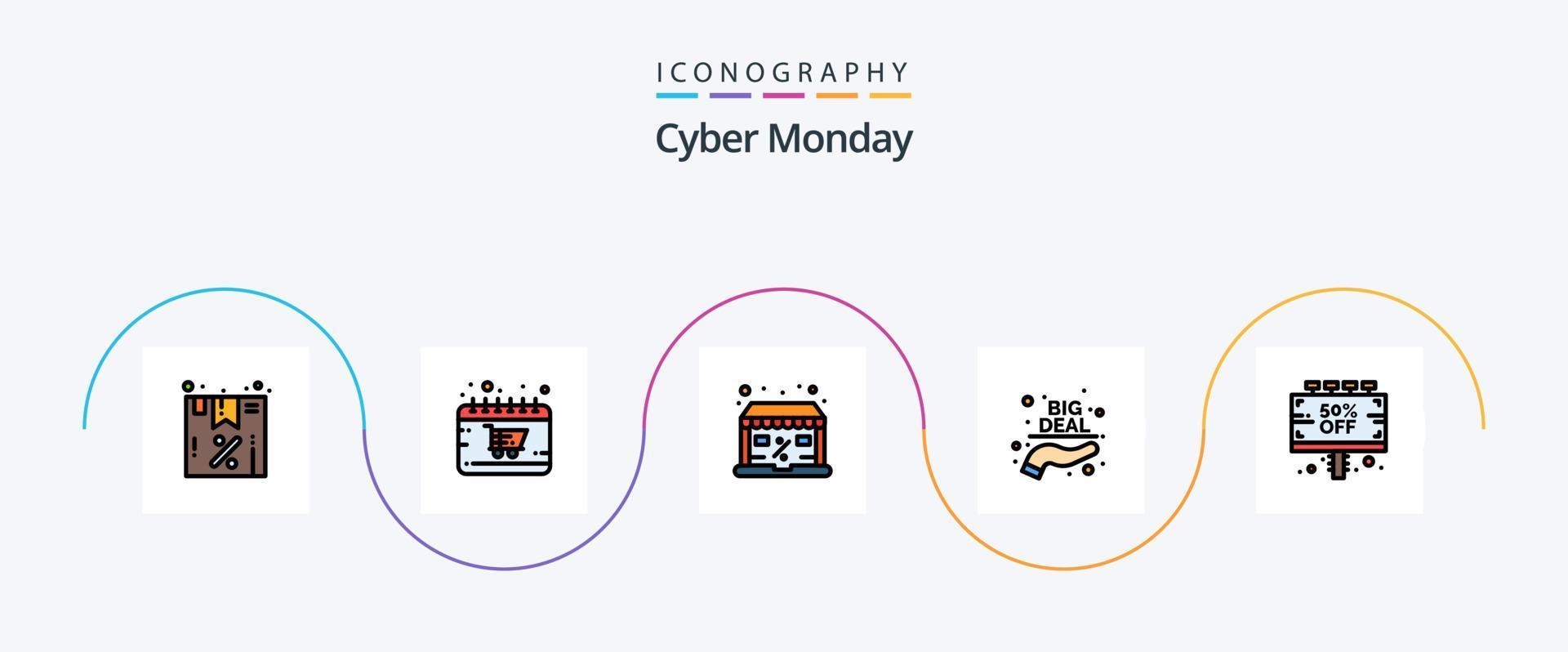 cyber maandag lijn gevulde vlak 5 icoon pak inclusief teken. hand. winkel. kopen. uitverkoop vector