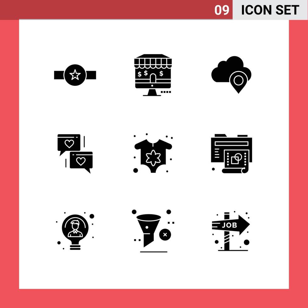 9 solide glyph concept voor websites mobiel en apps kleren bruiloft wolk hart babbelen bewerkbare vector ontwerp elementen