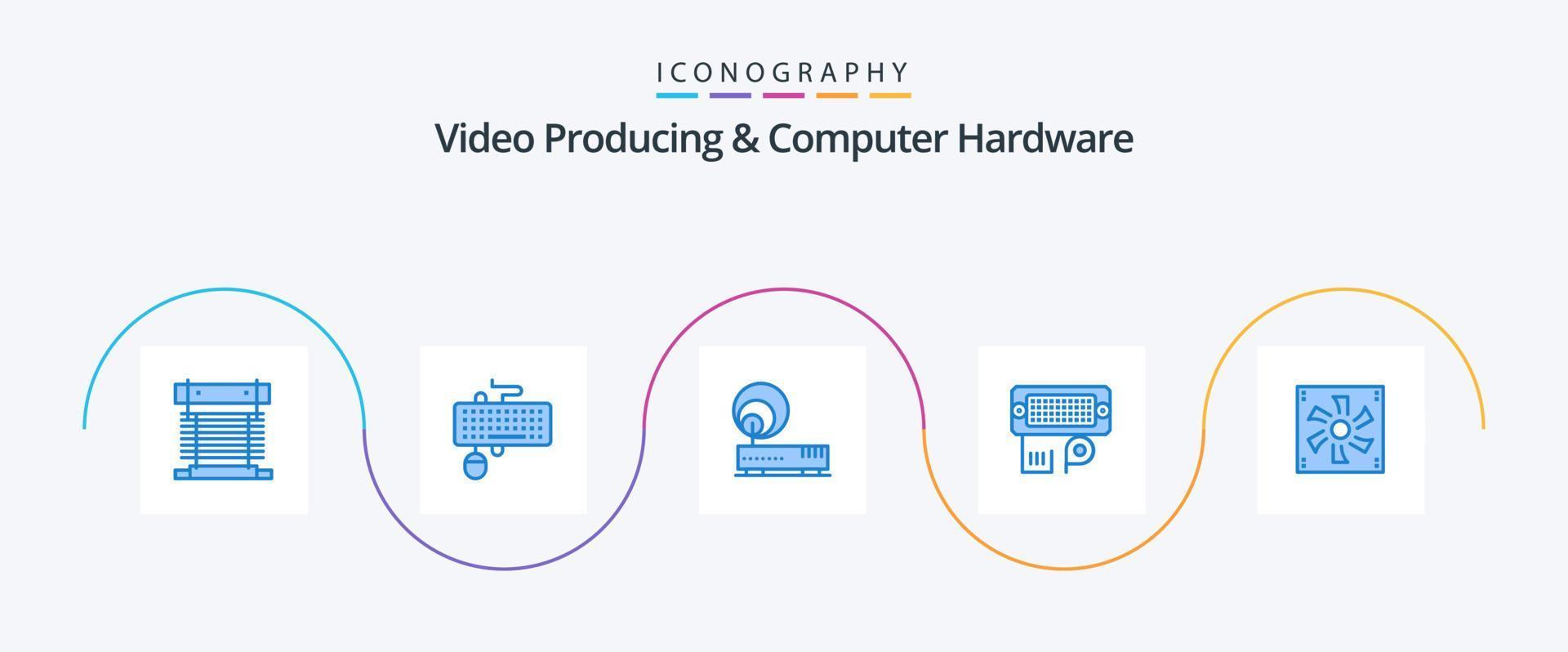 video produceren en computer hardware blauw 5 icoon pak inclusief invoer. verbinding. muis. adapter. internet vector