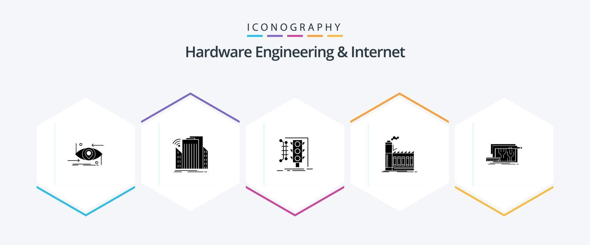 hardware bouwkunde en internet 25 glyph icoon pak inclusief industrie. fabriek. slim. verkeer. toezicht houden vector