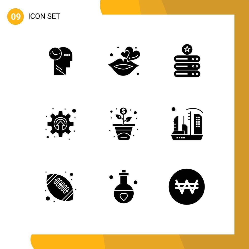 pictogram reeks van 9 gemakkelijk solide glyphs van groei mechanisme gegevens uitrusting tandrad bewerkbare vector ontwerp elementen