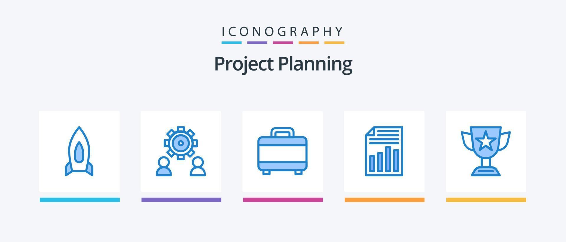 project schaven blauw 5 icoon pak inclusief vel. bladzijde. instelling. het dossier. planning. creatief pictogrammen ontwerp vector