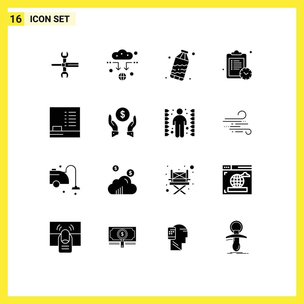 modern reeks van 16 solide glyphs pictogram van onderwijs werk signaal tijd water bewerkbare vector ontwerp elementen