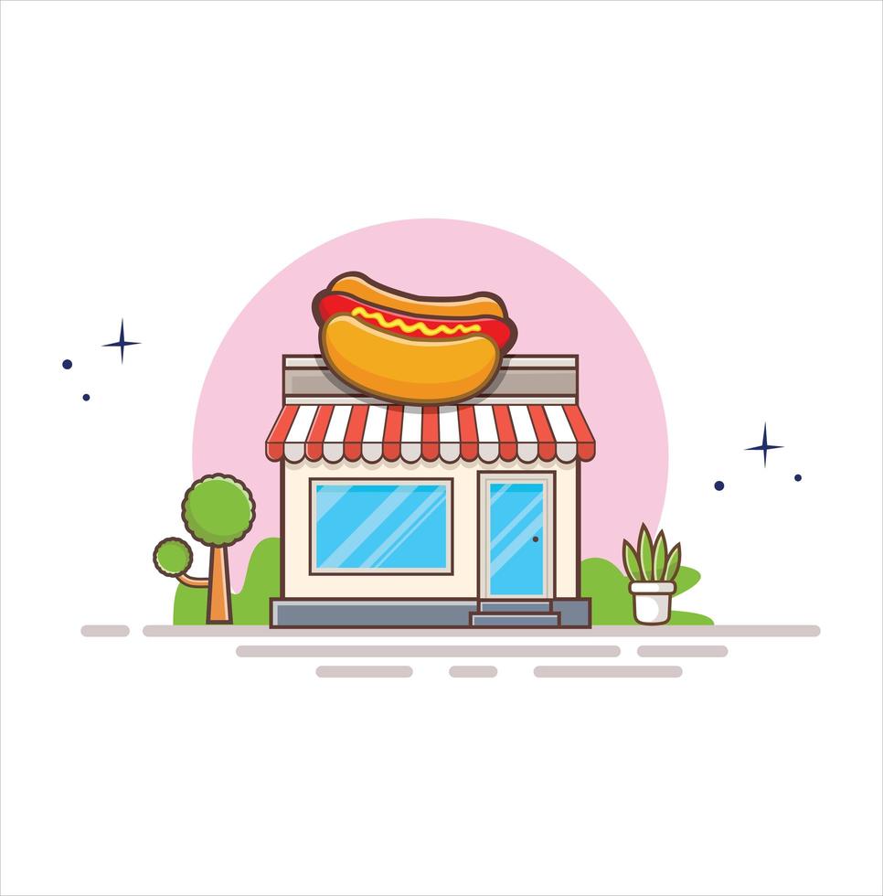 hotdogwinkel eetwinkel. de gevel van winkelpictogram in vlakke stijl ontwerp illustratie vector