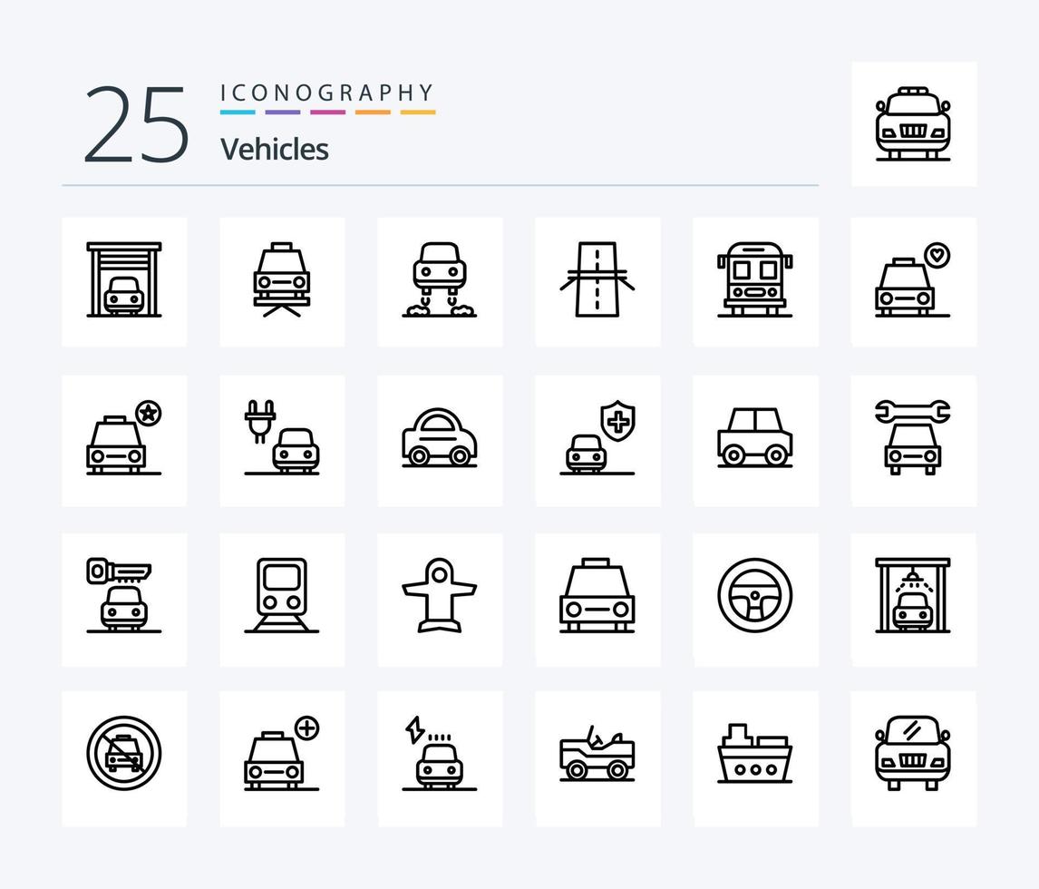 voertuigen 25 lijn icoon pak inclusief auto. school. toekomst. bus. rooster vector