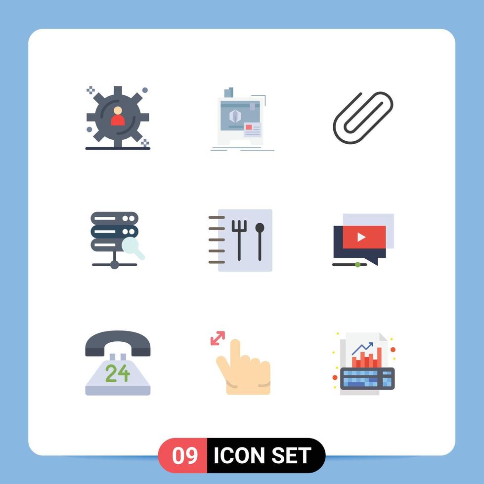 pictogram reeks van 9 gemakkelijk vlak kleuren van youtube recept bindmiddel boek server bewerkbare vector ontwerp elementen