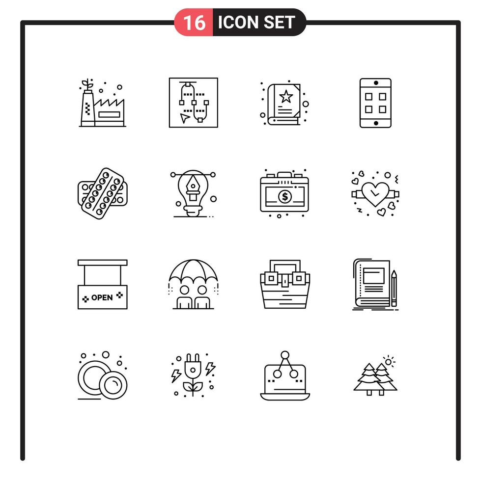 universeel icoon symbolen groep van 16 modern contouren van geduldig verdovende middelen boek pil doos bewerkbare vector ontwerp elementen