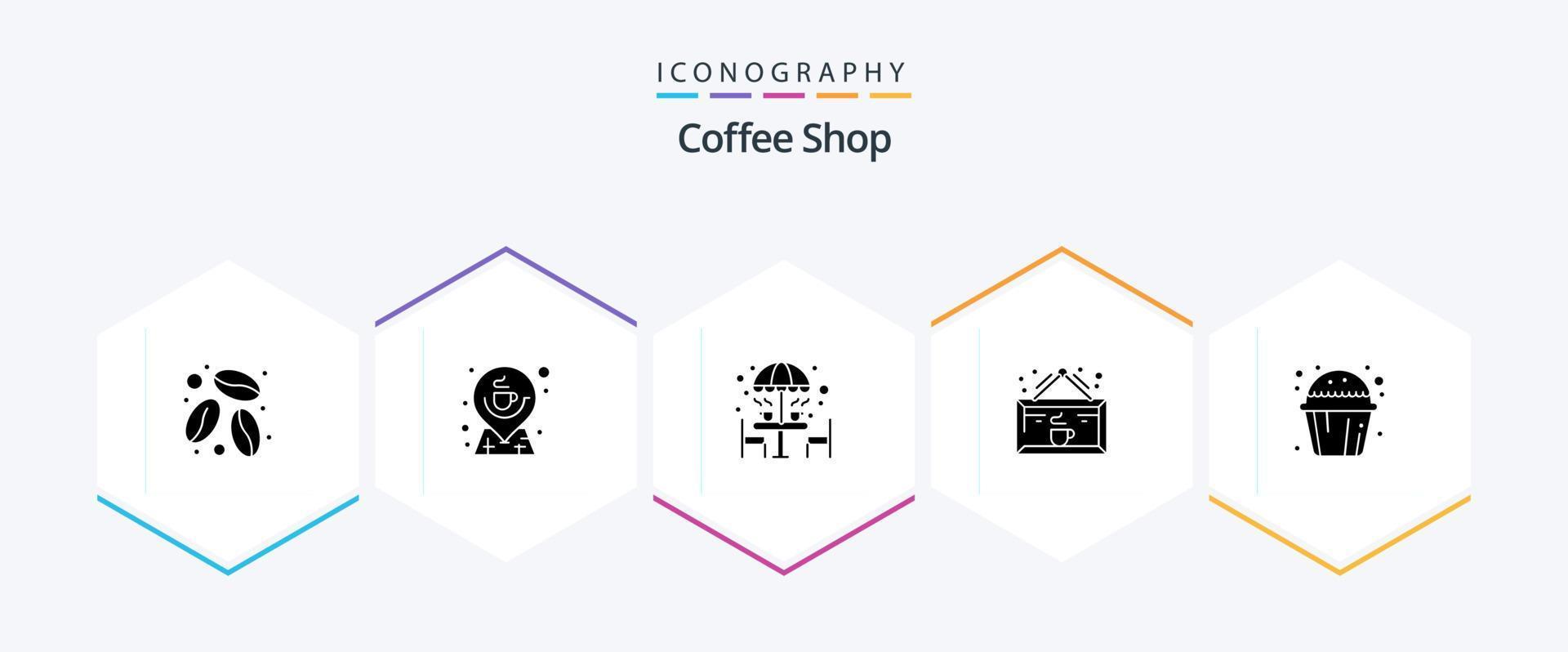 koffie winkel 25 glyph icoon pak inclusief winkel. koffie. stoel. cafe. paraplu vector