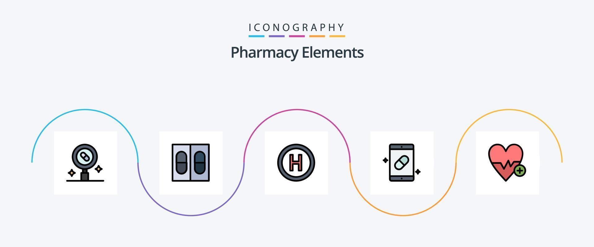 apotheek elementen lijn gevulde vlak 5 icoon pak inclusief hart verslaan. pillen. ziekenhuis. geneesmiddel. Gezondheid vector