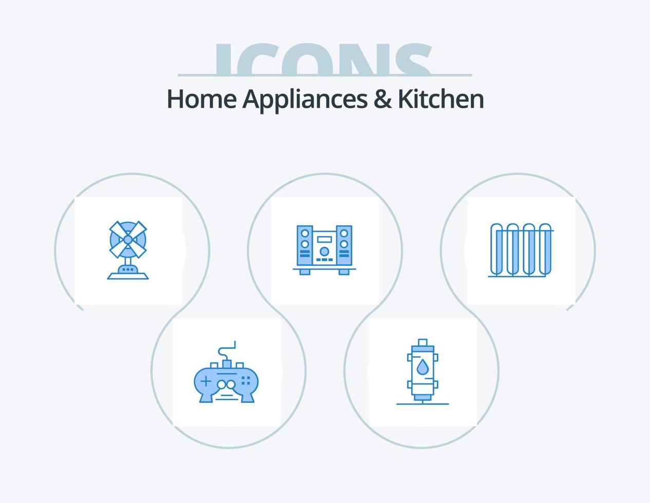 huis huishoudelijke apparaten en keuken blauw icoon pak 5 icoon ontwerp. spreker. woofer. heet. machine. ventilator vector