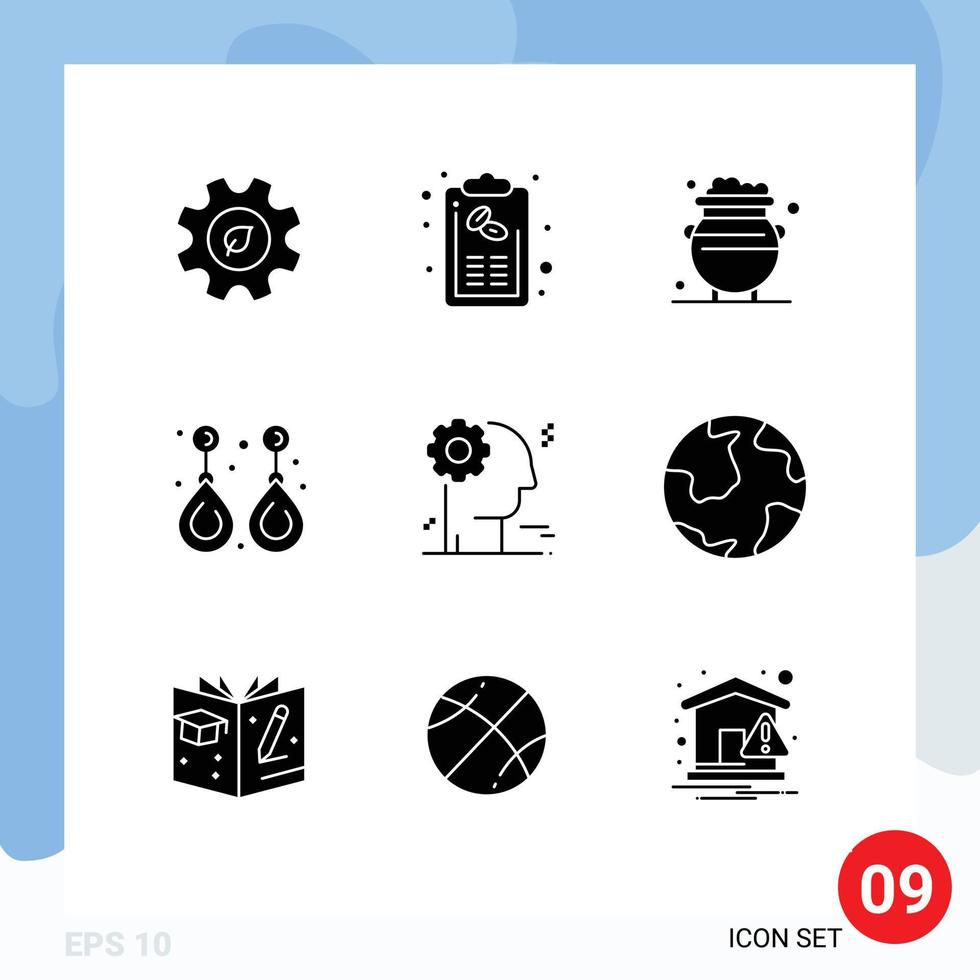 9 thematisch vector solide glyphs en bewerkbare symbolen van sieraden mode menu oorbel metaal bewerkbare vector ontwerp elementen