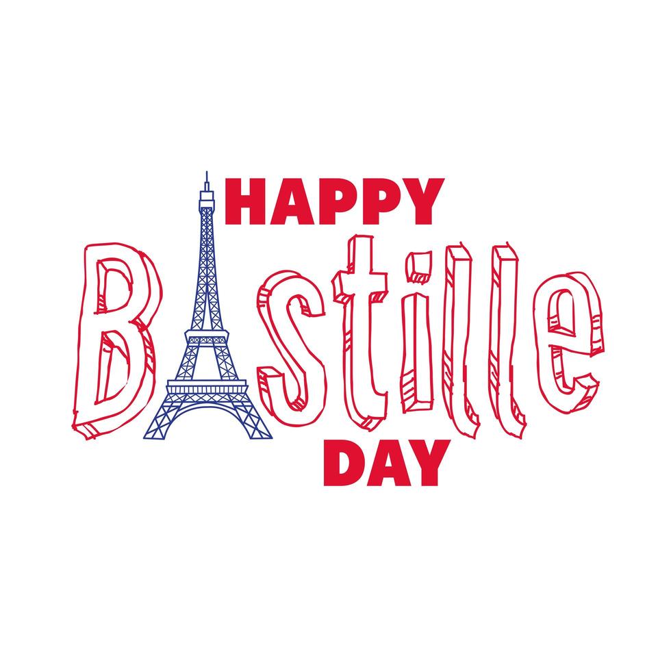 bastille dag belettering met eiffeltoren hand tekenen stijl vector