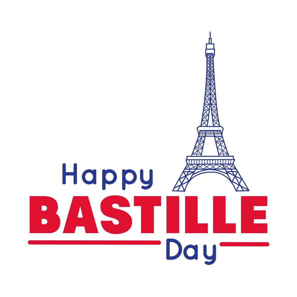 bastille dag belettering met eiffeltoren hand tekenen stijl vector