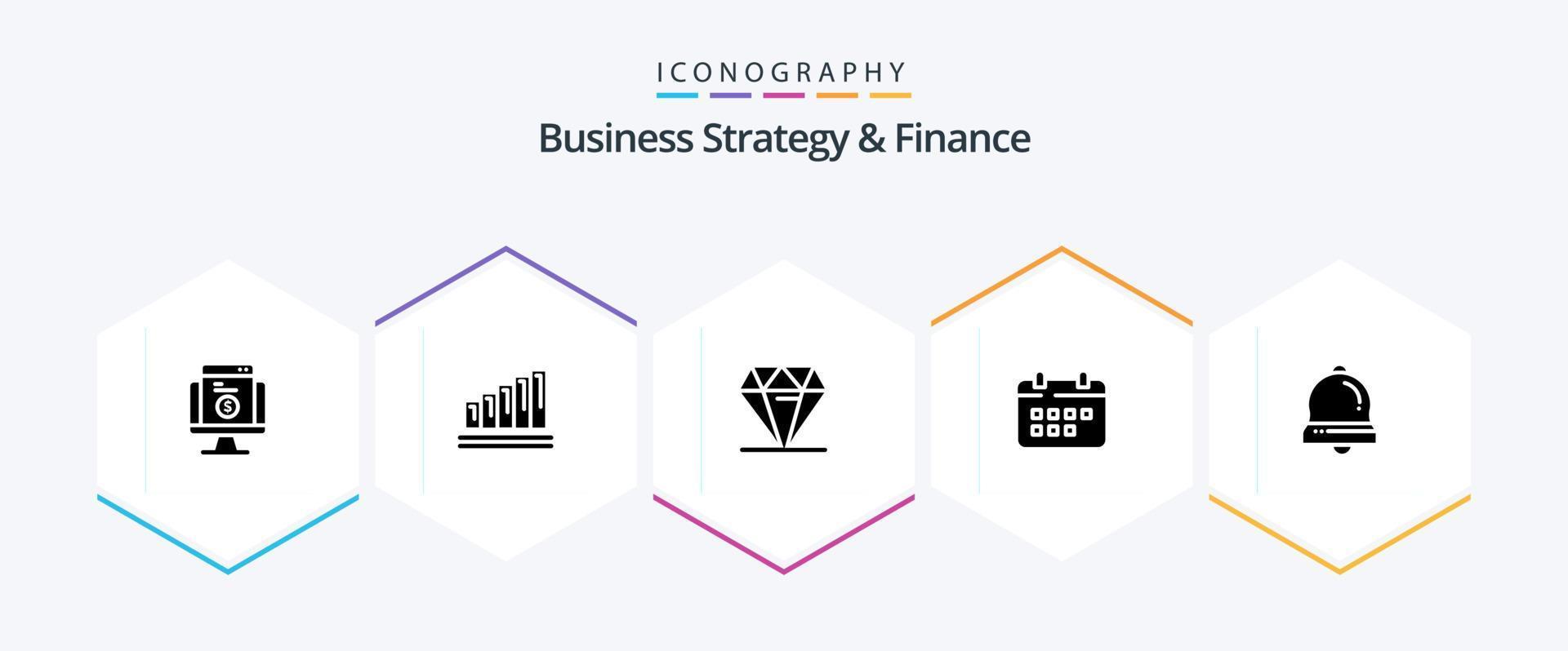 bedrijf strategie en financiën 25 glyph icoon pak inclusief kalender . duur. tabel . rijk . diamant vector