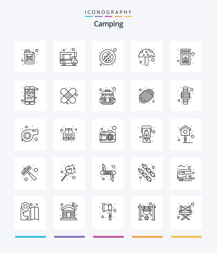 creatief camping 25 schets icoon pak zo net zo kaarten. stok. plaats. wedstrijd. doos vector