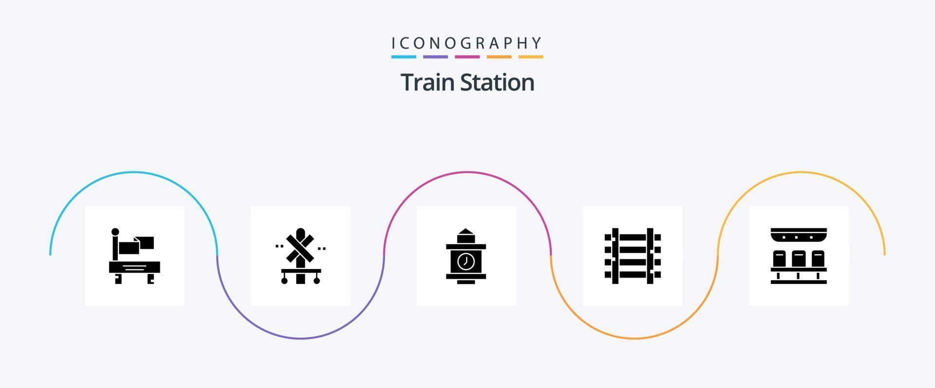 trein station glyph 5 icoon pak inclusief reizen. trein. tijd. stoelen. trein vector