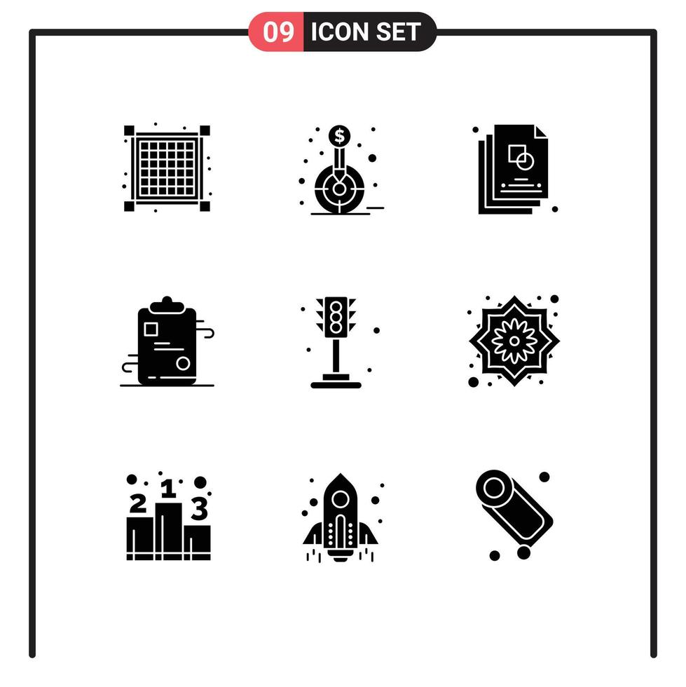 solide glyph pak van 9 universeel symbolen van stad papier schetsen checklist klembord bewerkbare vector ontwerp elementen