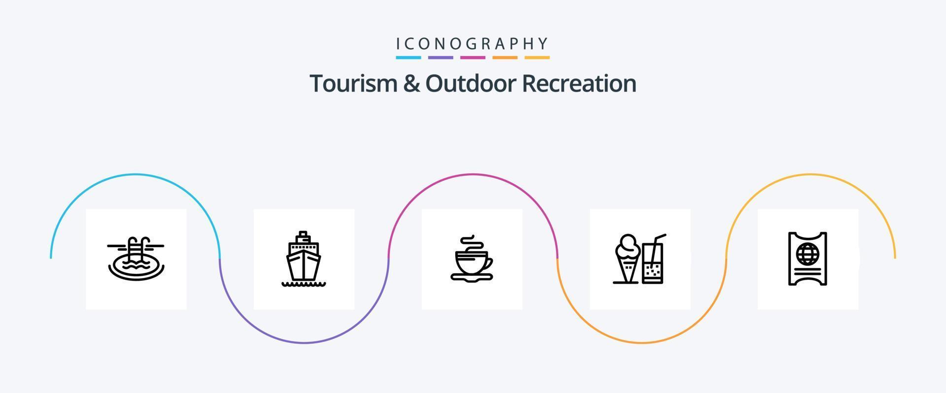 toerisme en buitenshuis recreatie lijn 5 icoon pak inclusief passagiersschip. sap. thee. zomer. drinken vector