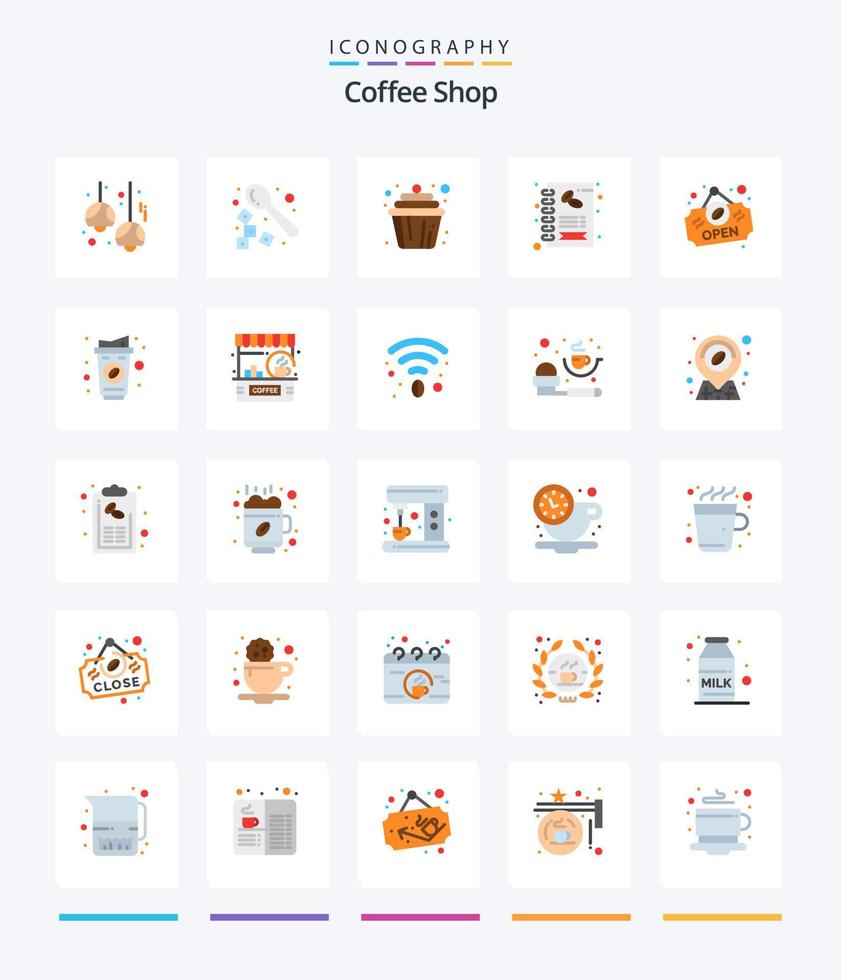creatief koffie winkel 25 vlak icoon pak zo net zo open. menu. lepel. koffie. muffin vector