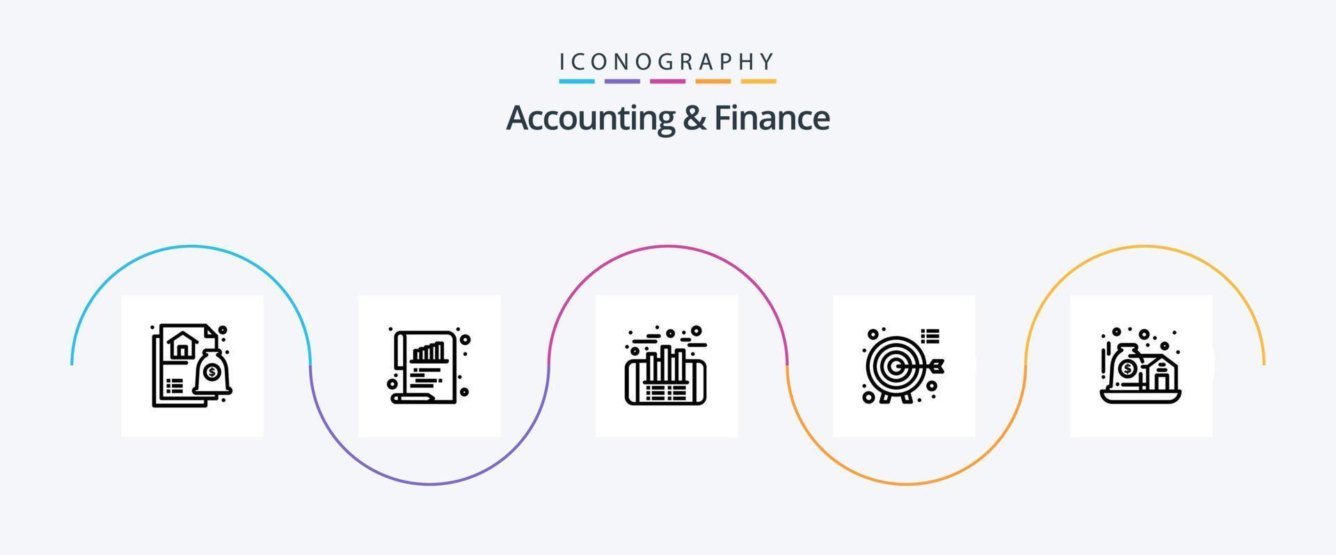 accounting en financiën lijn 5 icoon pak inclusief huis. focus. financiën. doelwit. darts vector