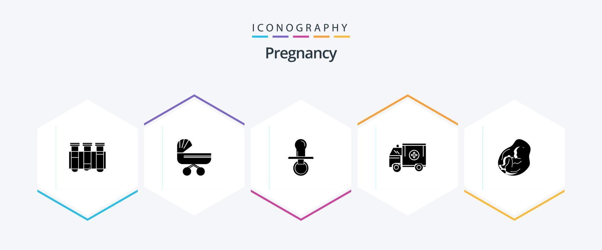 zwangerschap 25 glyph icoon pak inclusief vrachtwagen. kinderen. duw. fopspeen. baby vector