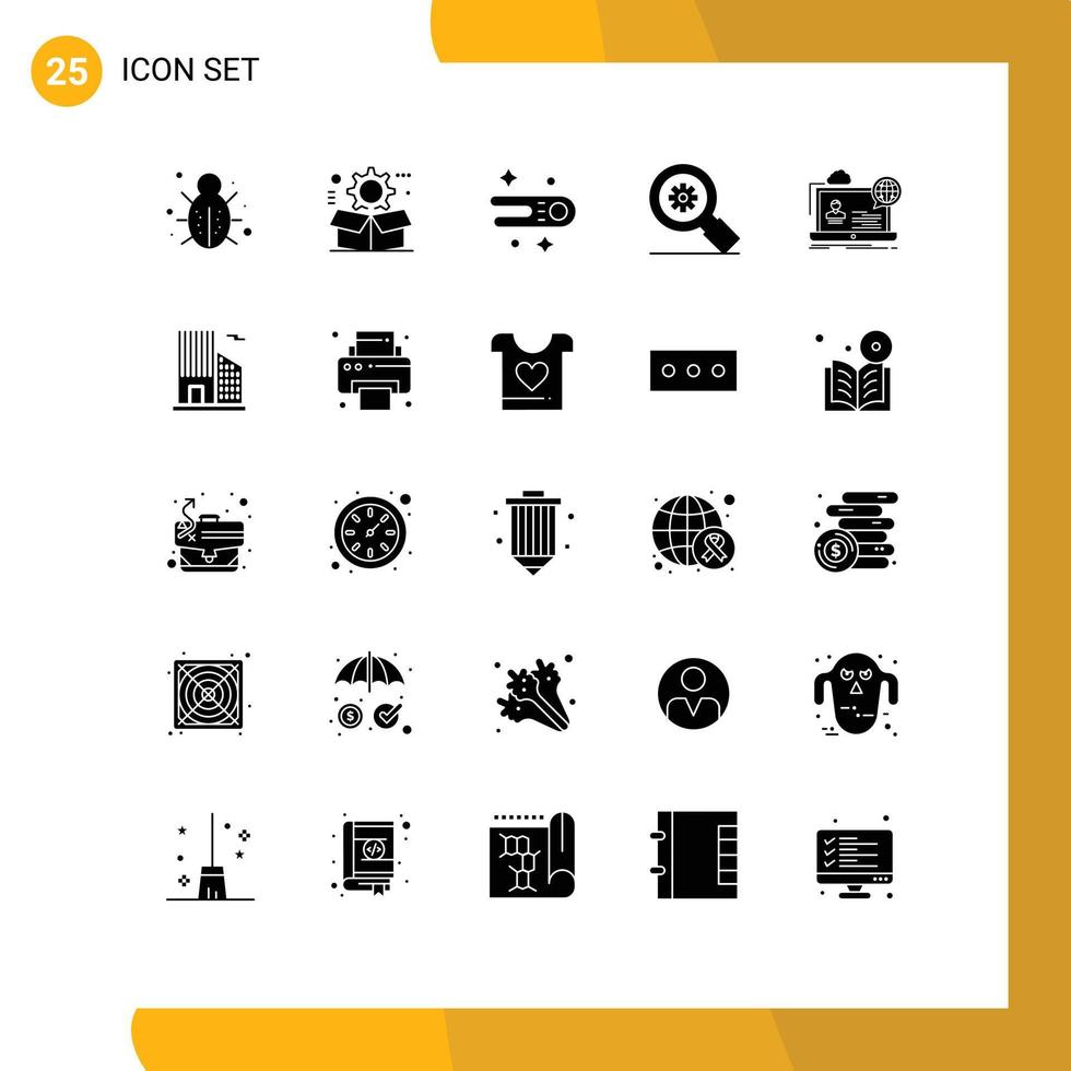 pictogram reeks van 25 gemakkelijk solide glyphs van webinar uitrusting instelling zoeken ruimte bewerkbare vector ontwerp elementen