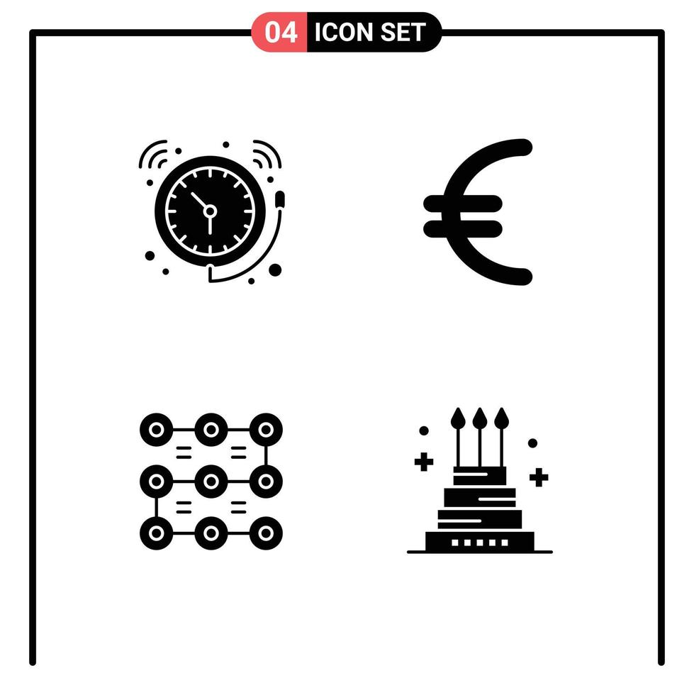 4 solide glyph concept voor websites mobiel en apps alarm patroon tijd euro veiligheid bewerkbare vector ontwerp elementen