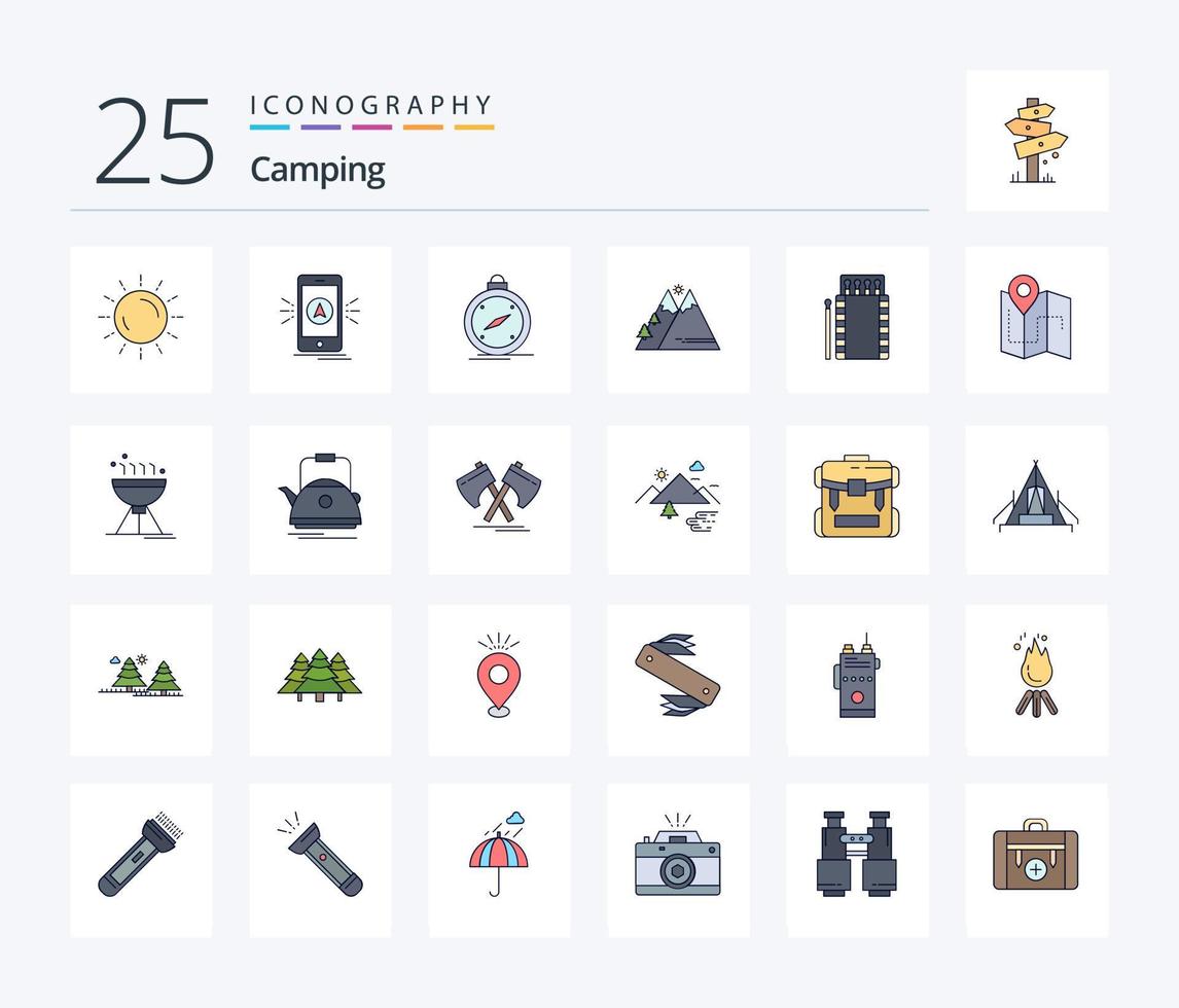 camping 25 lijn gevulde icoon pak inclusief buitenshuis. bergen. GPS. plaats. navigatie vector