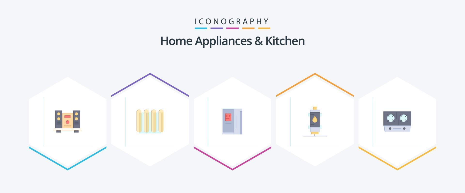 huis huishoudelijke apparaten en keuken 25 vlak icoon pak inclusief gas. warmte. verwarming. water. diepvries vector